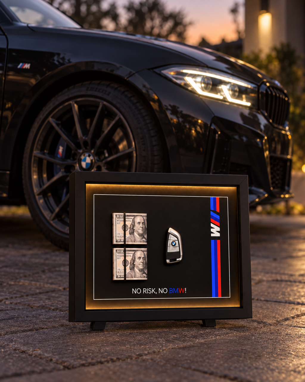 BMW M key and cash LED shadow box close-up detail
