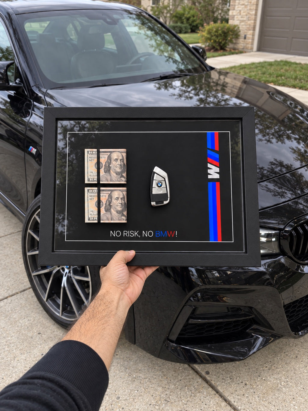 BMW M key and cash LED shadow box lit up with warm white LED
