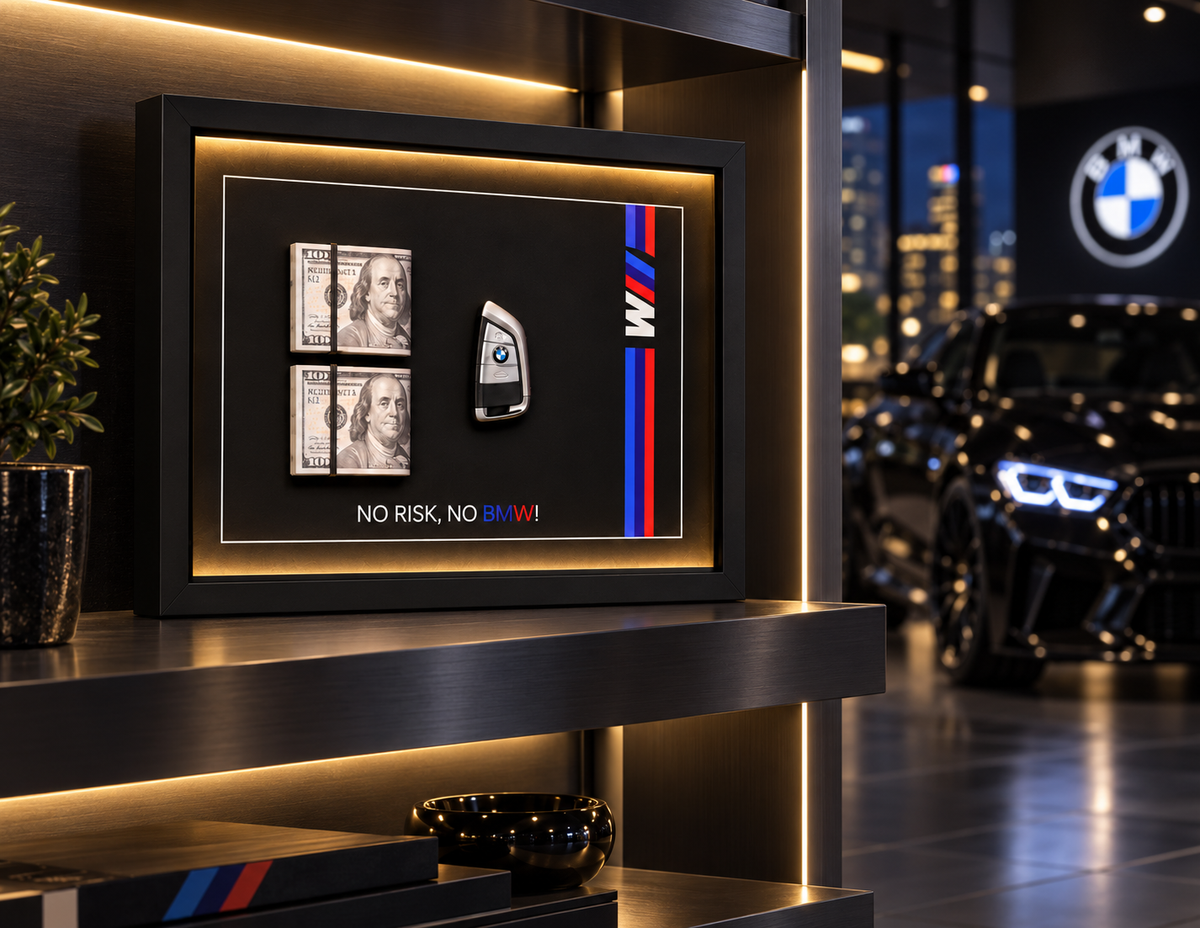 BMW M key and cash LED shadow box displayed in a room