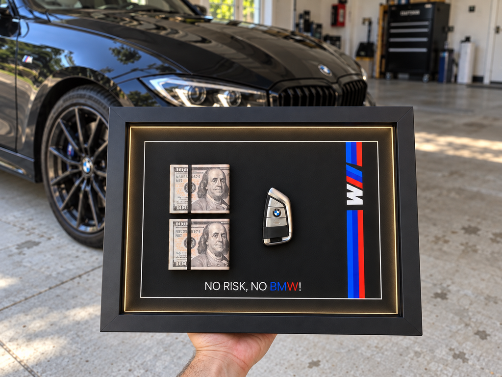 BMW M key and cash LED shadow box with folded cash detail